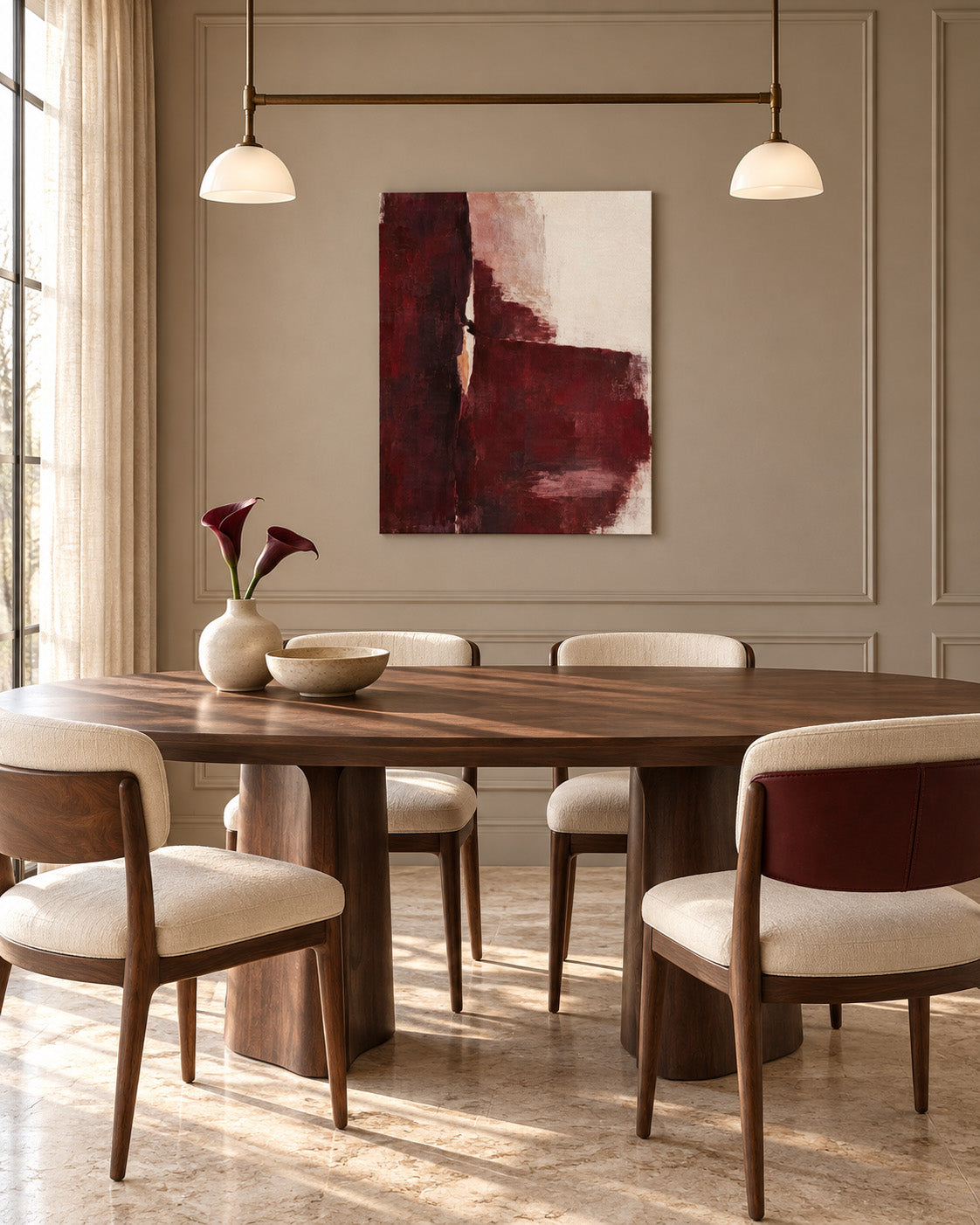 Oxblood Poise burgundy abstract canvas in a dining room with a wooden table and upholstered chairs