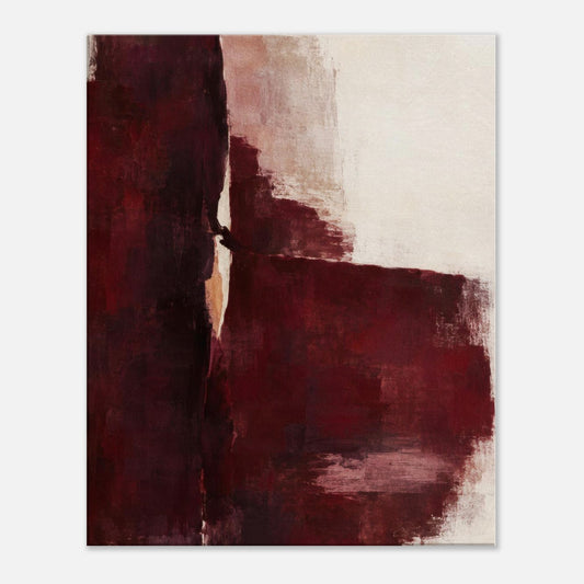 Oxblood Poise abstract canvas with deep burgundy brushstrokes and a cream background, front view