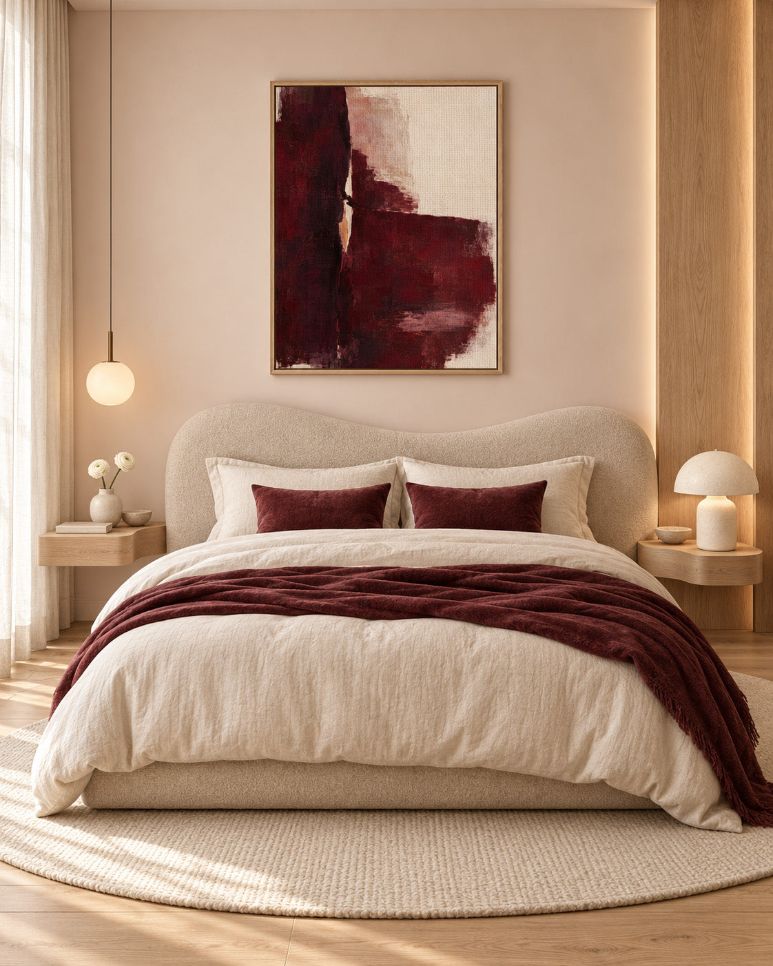 Oxblood Poise burgundy abstract canvas in a light wood frame above a cream bed with a burgundy throw