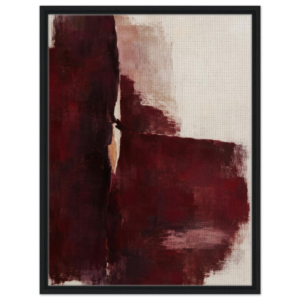 Oxblood Poise abstract canvas with burgundy brushstrokes and a cream background in a black frame