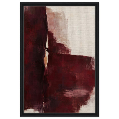 Oxblood Poise burgundy abstract framed canvas with a black border, front view