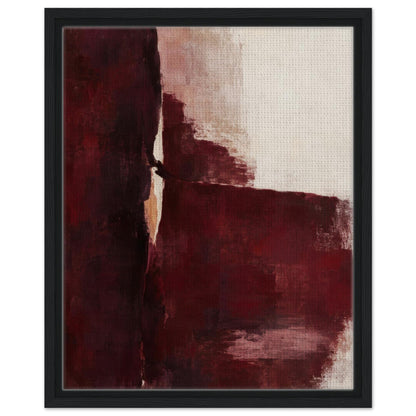 Oxblood Poise burgundy and cream abstract canvas in a black floating frame, front view