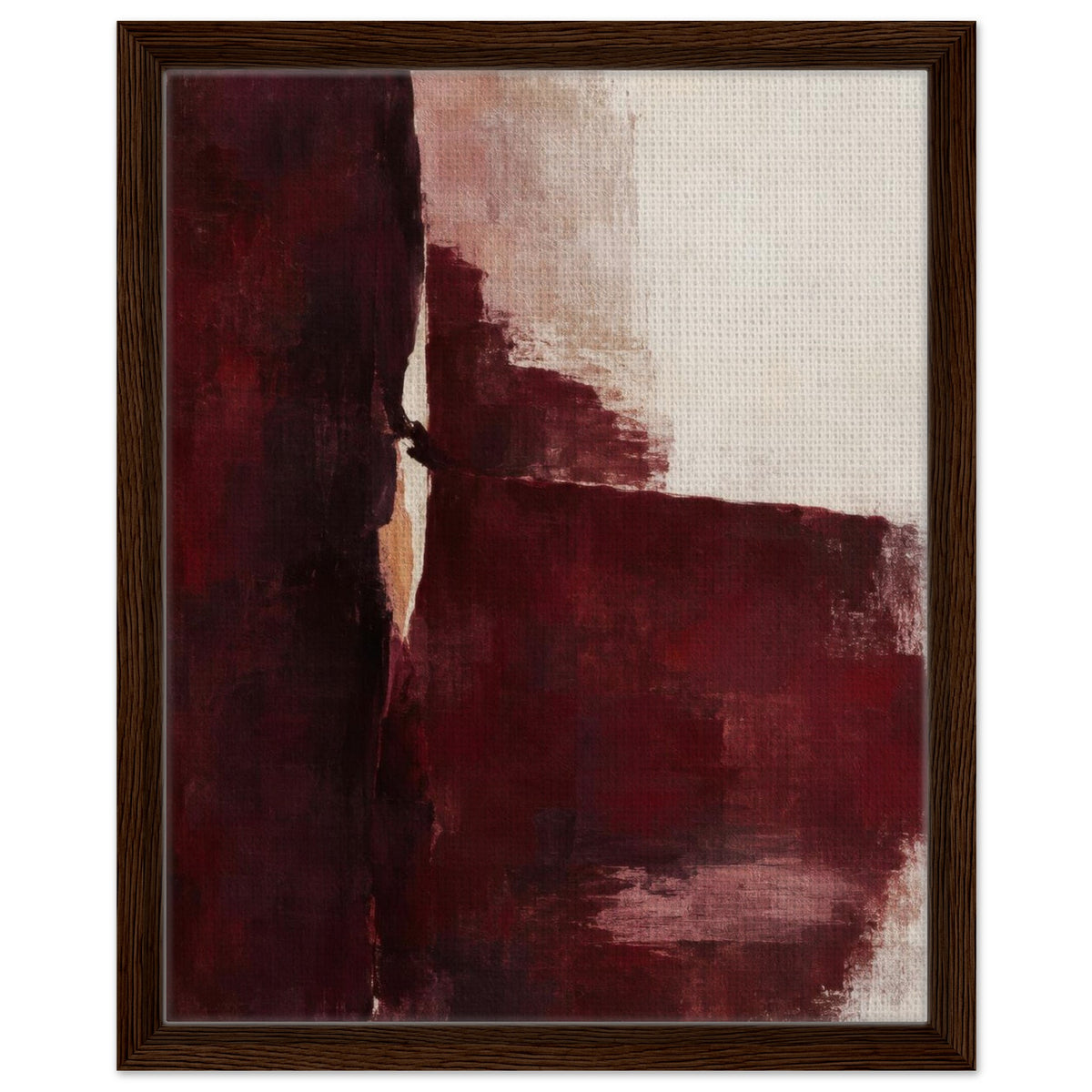 Front view of Oxblood Poise burgundy and cream abstract canvas in a dark wood floating frame