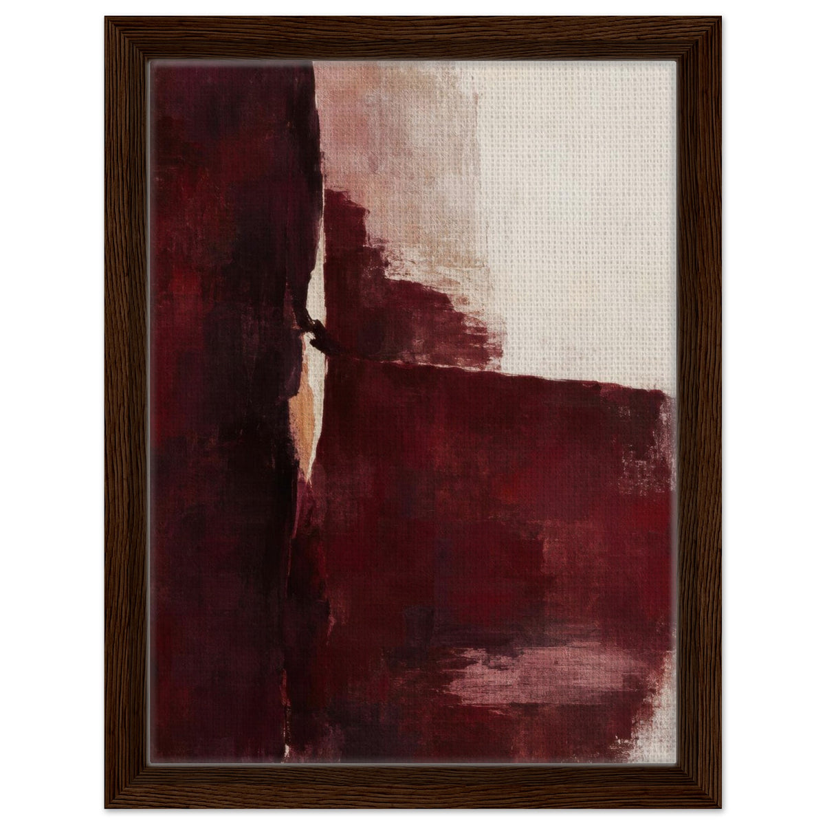 Oxblood Poise abstract canvas with burgundy brushstrokes and a cream background in a dark wood frame