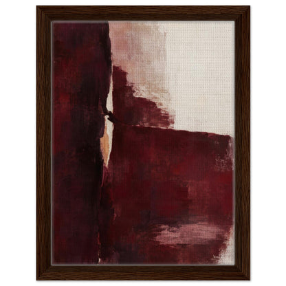 Oxblood Poise abstract canvas with burgundy brushstrokes and a cream background in a dark wood frame