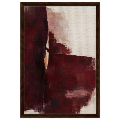 Oxblood Poise burgundy abstract framed canvas with a dark wood border, front view
