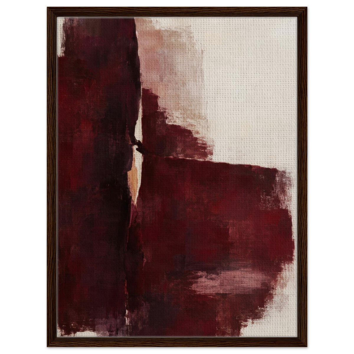 Oxblood Poise burgundy and cream abstract canvas in a dark wood floating frame, front view