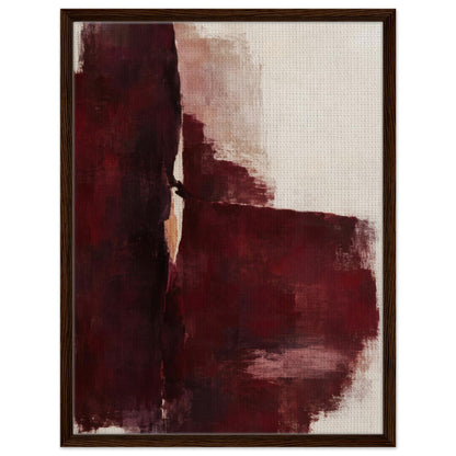 Oxblood Poise burgundy and cream abstract canvas in a dark wood floating frame, front view