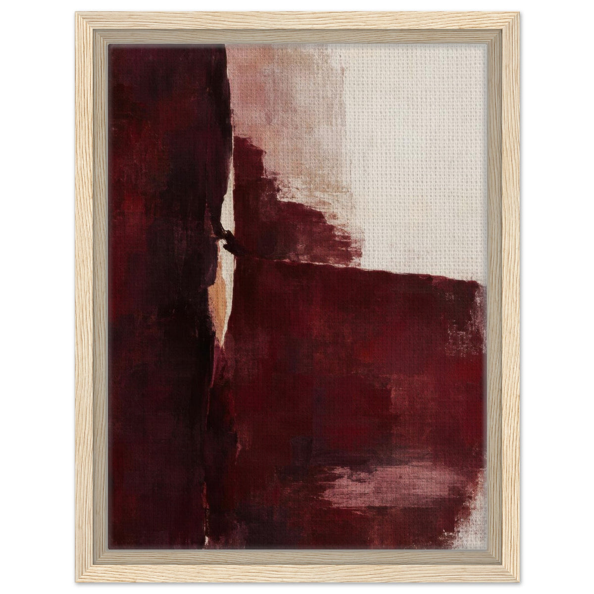 Front view of Oxblood Poise burgundy and cream abstract canvas in a light wood floating frame