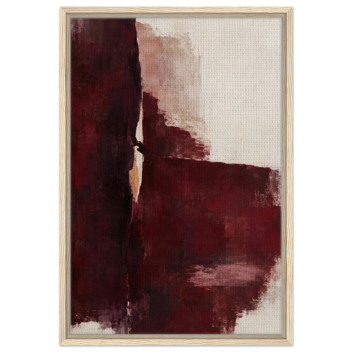 Oxblood Poise abstract canvas with burgundy brushstrokes and a cream background in a light wood frame