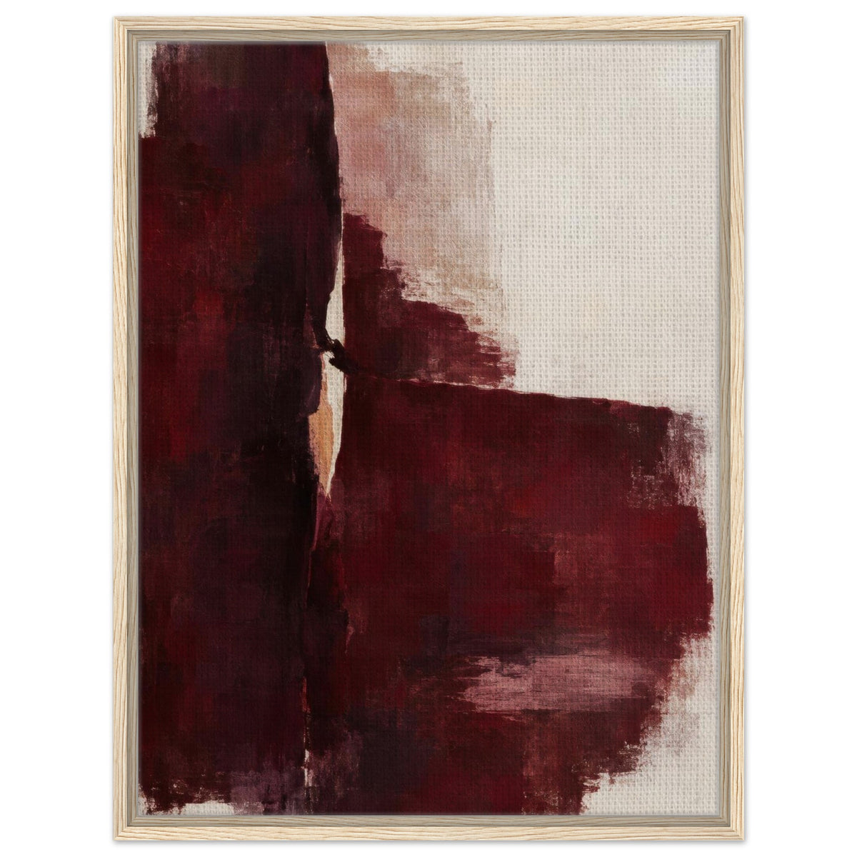 Oxblood Poise burgundy abstract framed canvas with a light wood border, front view