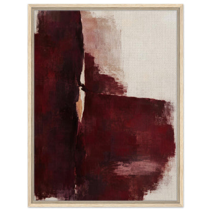 Oxblood Poise burgundy abstract framed canvas with a light wood border, front view