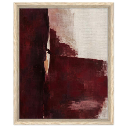 Oxblood Poise burgundy and cream abstract canvas in a light wood floating frame, front view