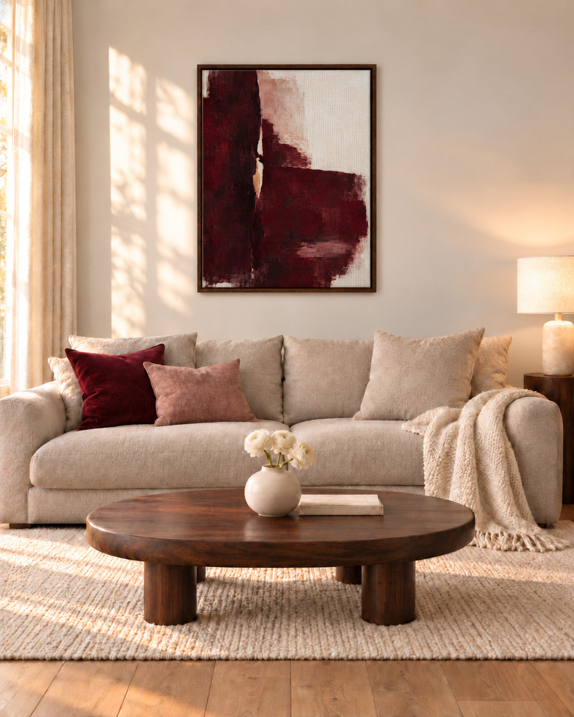 Oxblood Poise framed burgundy abstract canvas above a cream sofa with burgundy cushions in a sunlit living room