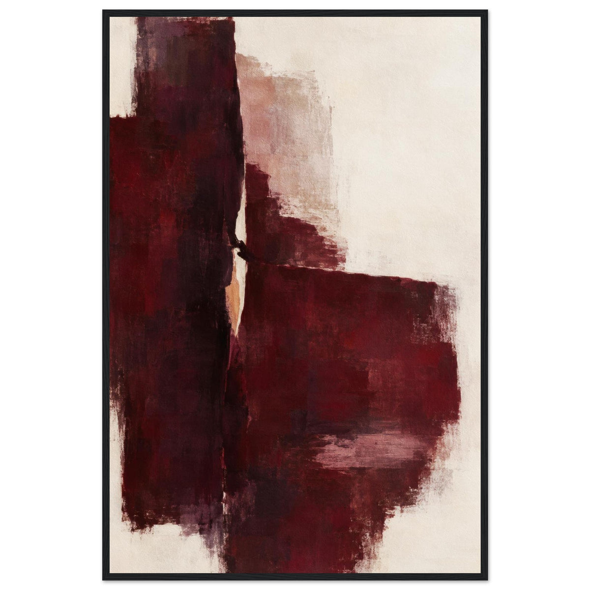 Oxblood Poise burgundy and cream abstract poster in a black frame, front view