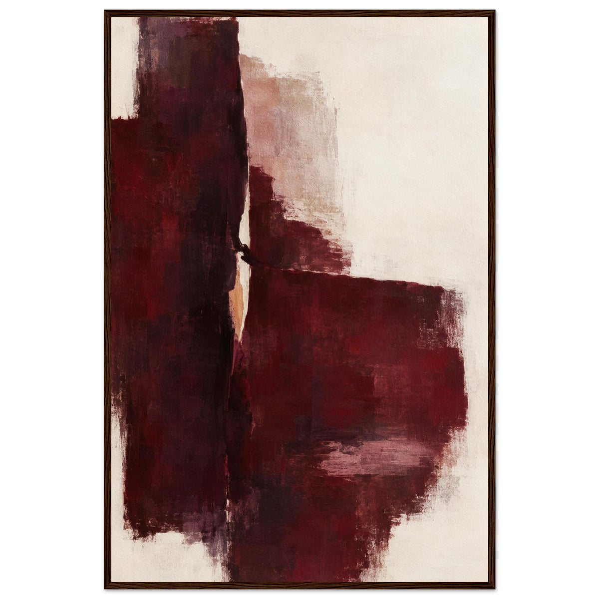 Oxblood Poise burgundy and cream abstract poster in a dark wood frame, front view