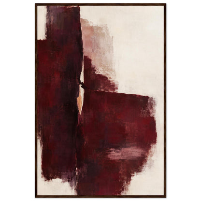 Oxblood Poise burgundy and cream abstract poster in a dark wood frame, front view