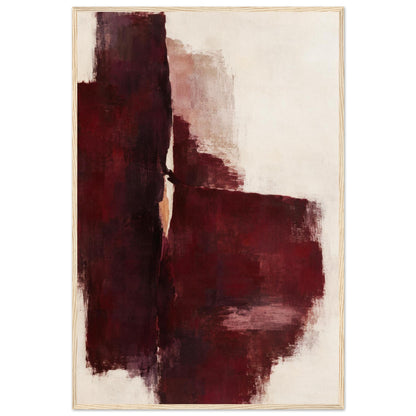 Oxblood Poise burgundy and cream abstract poster in a light wood frame, front view