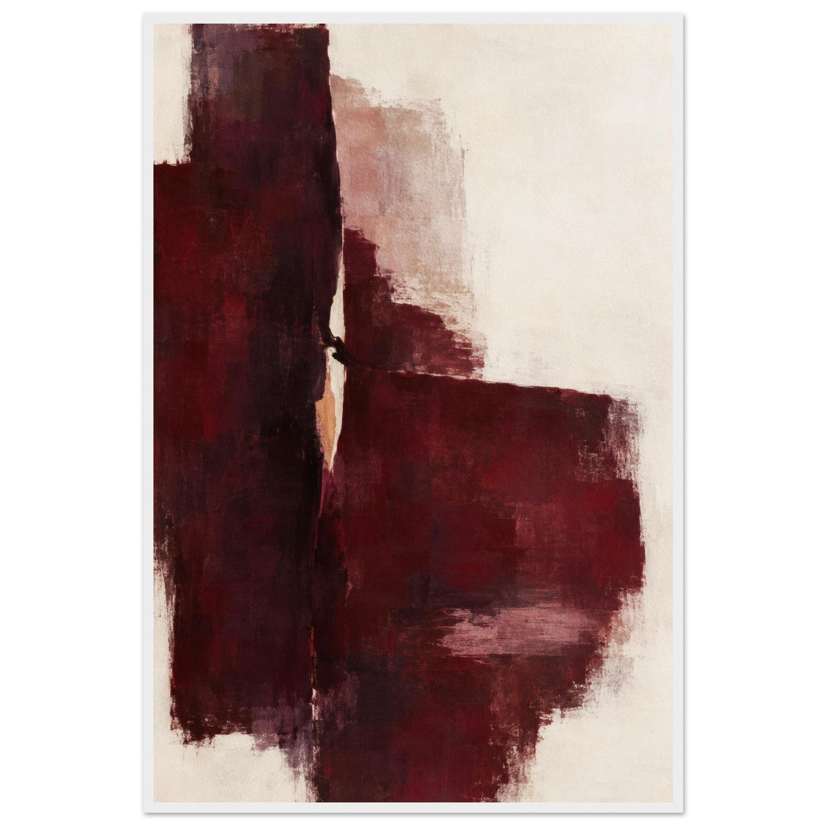 Oxblood Poise burgundy and cream abstract poster in a white frame, front view