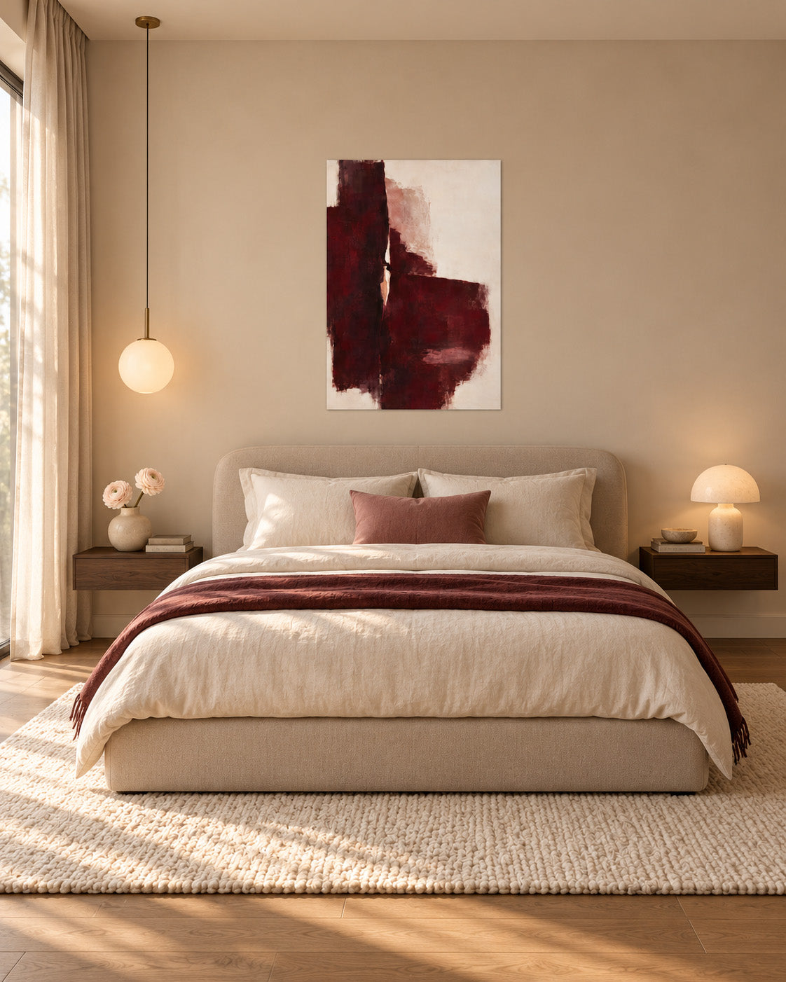 Oxblood Poise unframed burgundy abstract poster above a cream bed with a burgundy throw