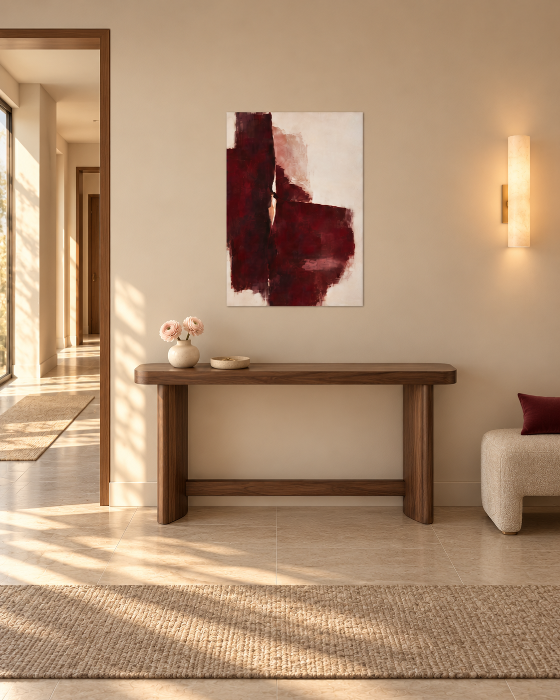Oxblood Poise unframed burgundy abstract poster above a wooden console in a sunlit hallway