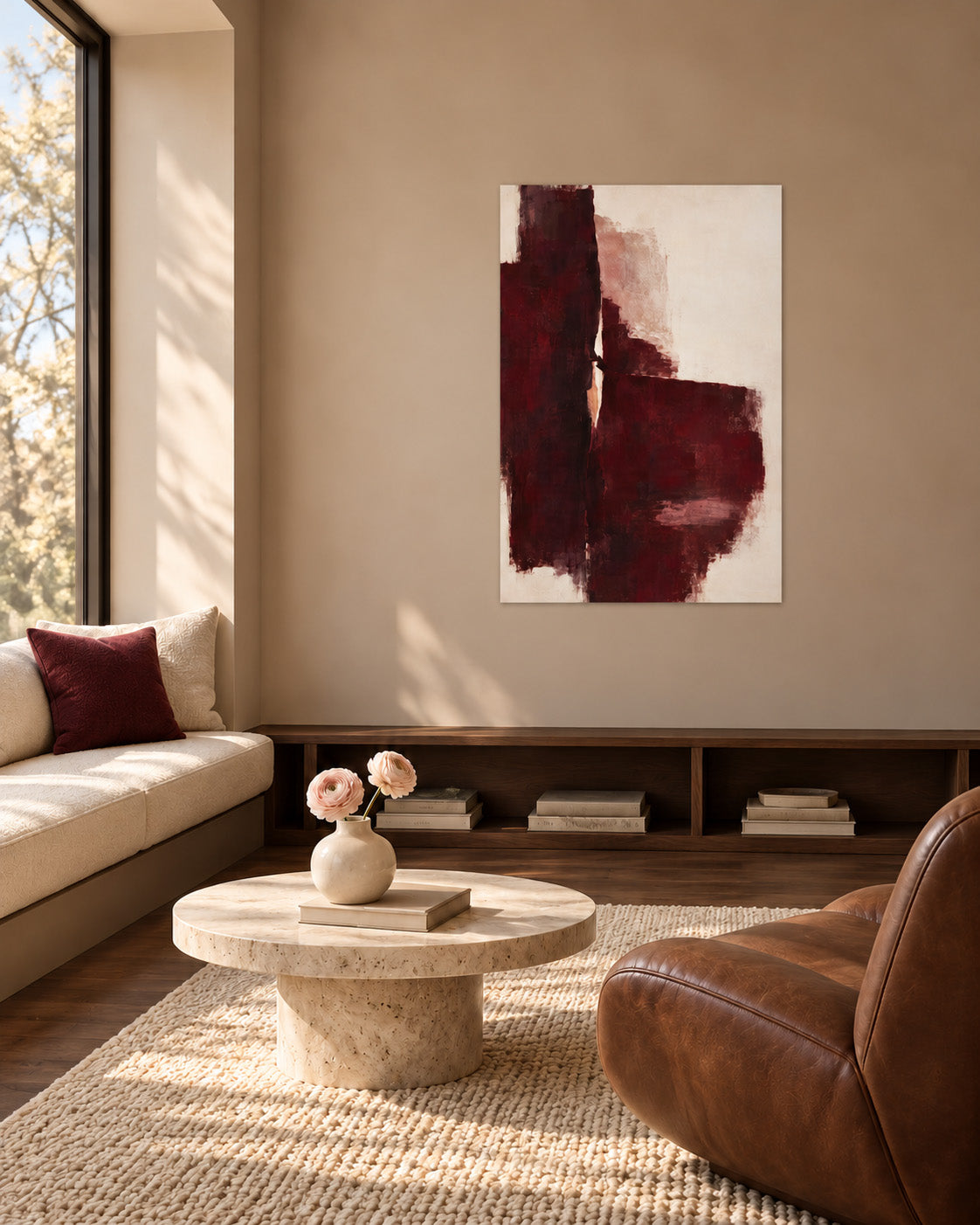 Oxblood Poise unframed burgundy abstract poster in a reading nook with a brown leather chair and round coffee table