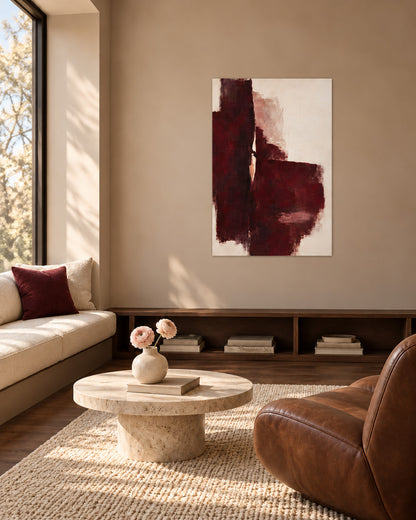 Oxblood Poise unframed burgundy abstract poster in a reading nook with a brown leather chair and round coffee table