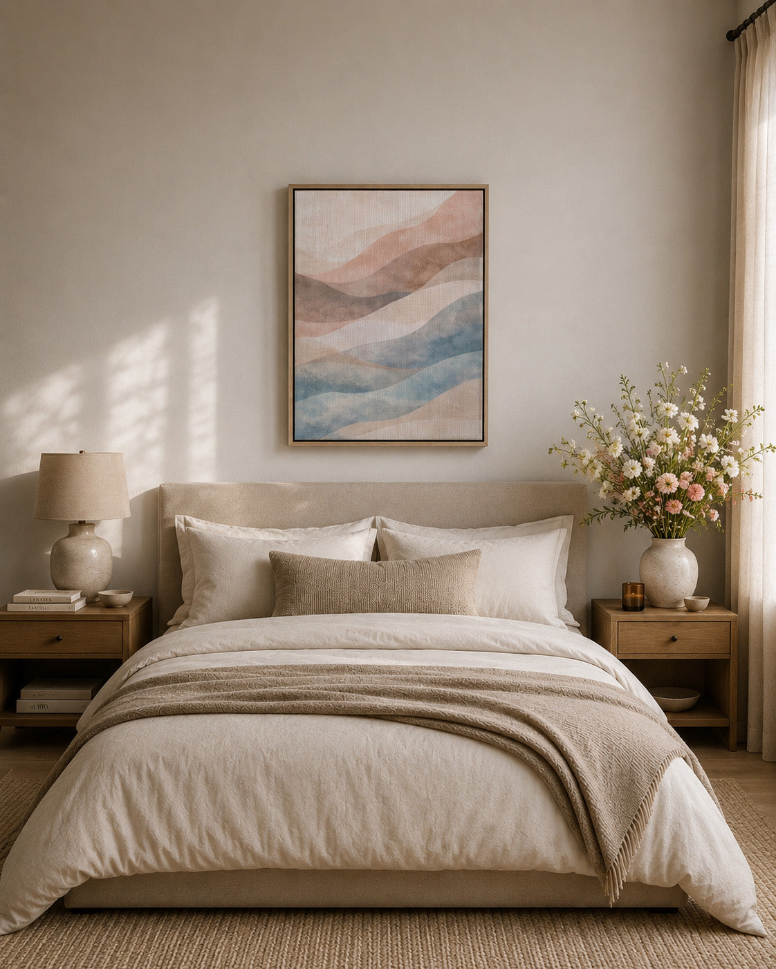 Pastel abstract framed canvas wall art above a neutral Scandinavian bed