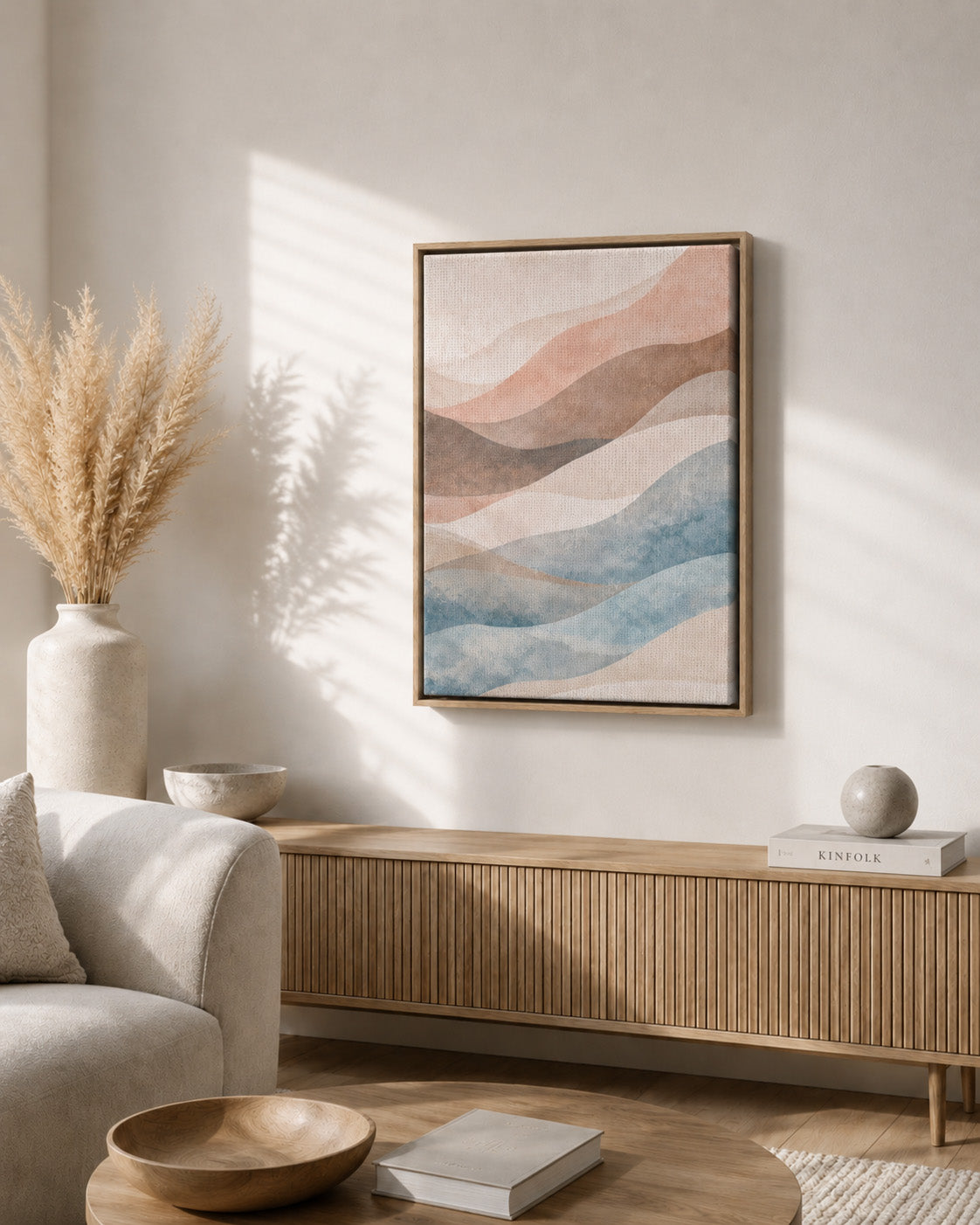 Pastel abstract framed canvas wall art in a Scandinavian living room