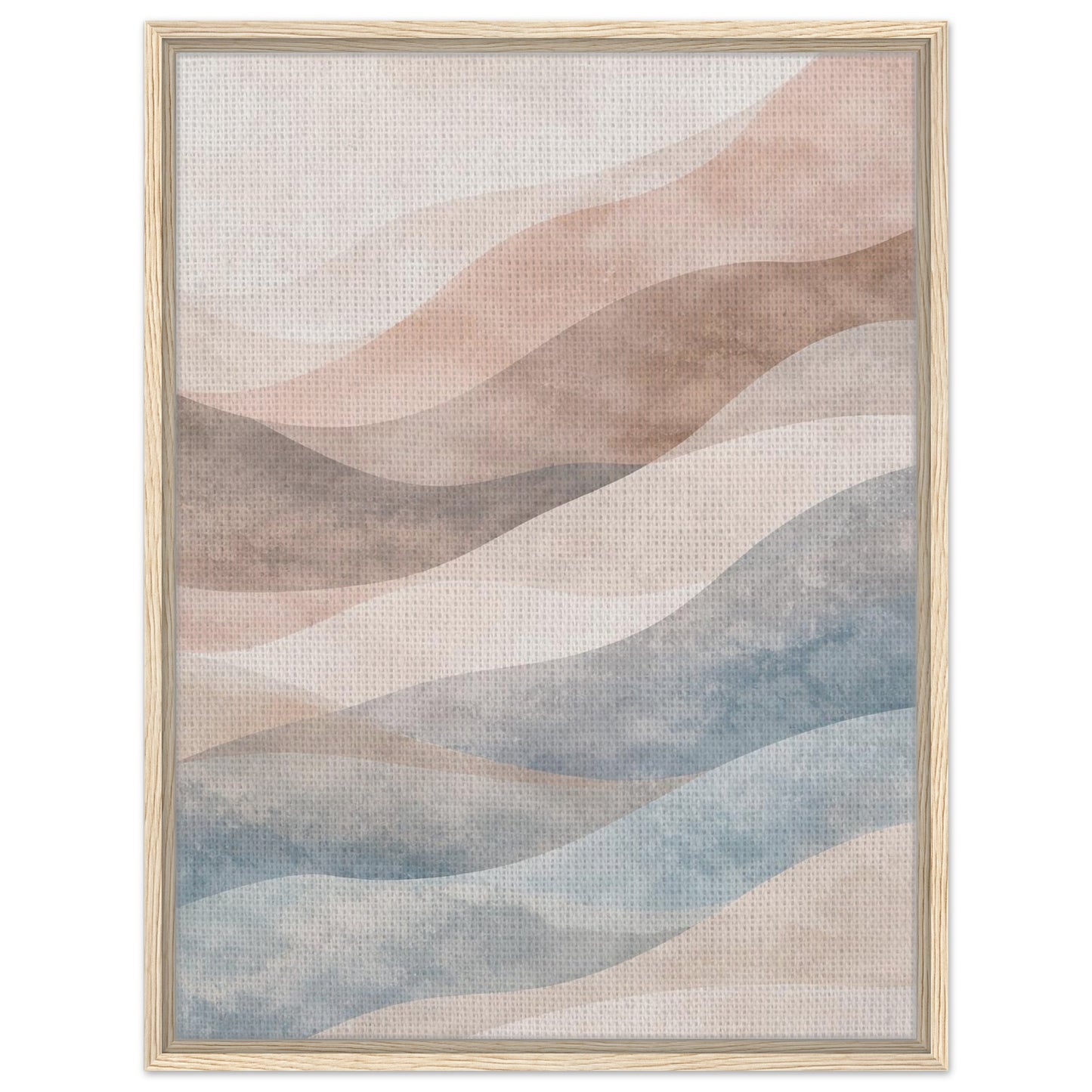Pastel abstract framed canvas wall art in a natural wood frame