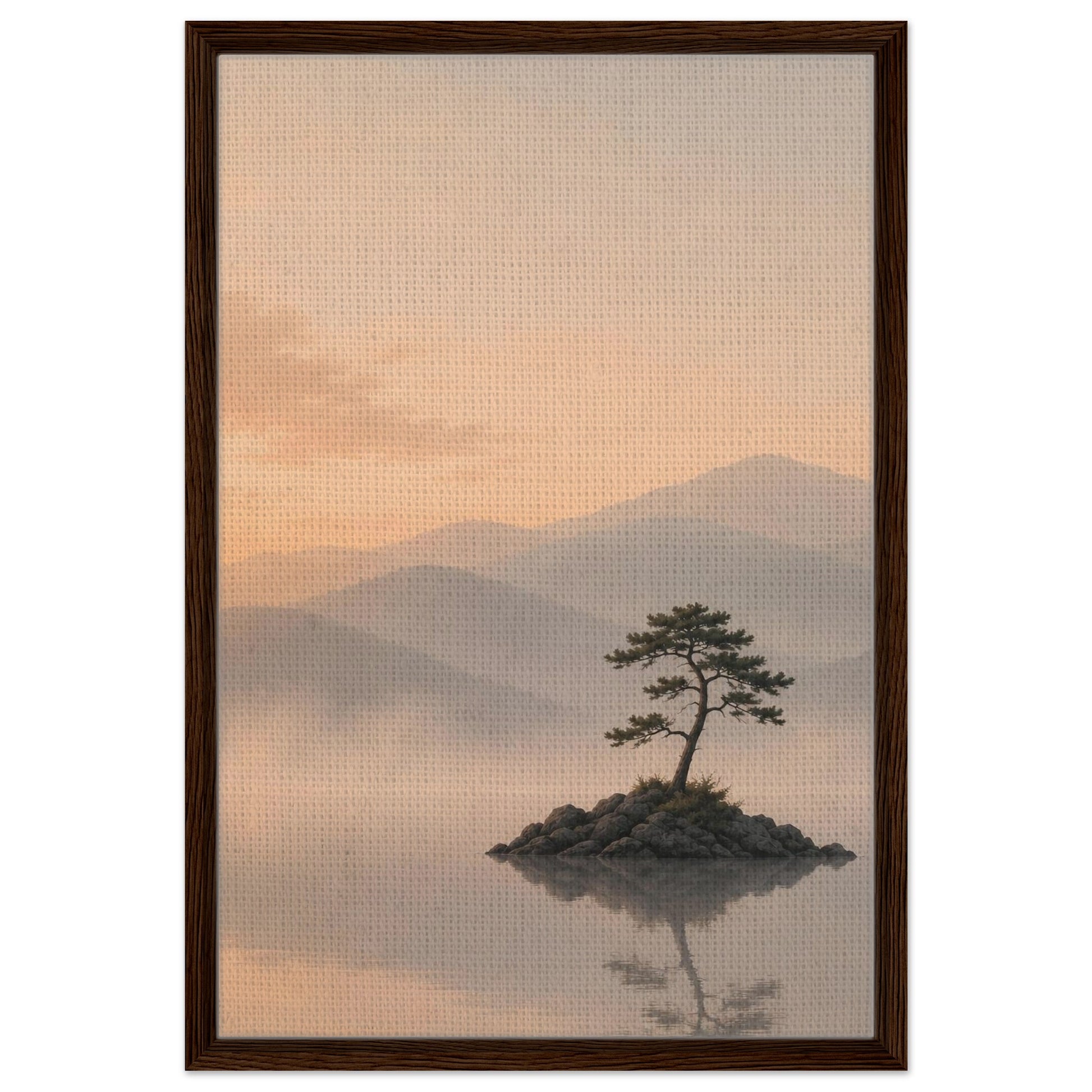 Pastel sunset nature artwork with pine tree island and distant mountains in natural wood frame