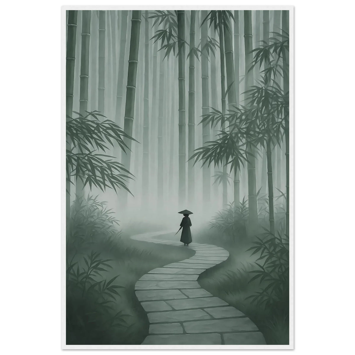 Framed zen wall art capturing the misty bamboo atmosphere and the lone figure on the path