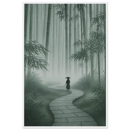 Framed zen wall art capturing the misty bamboo atmosphere and the lone figure on the path
