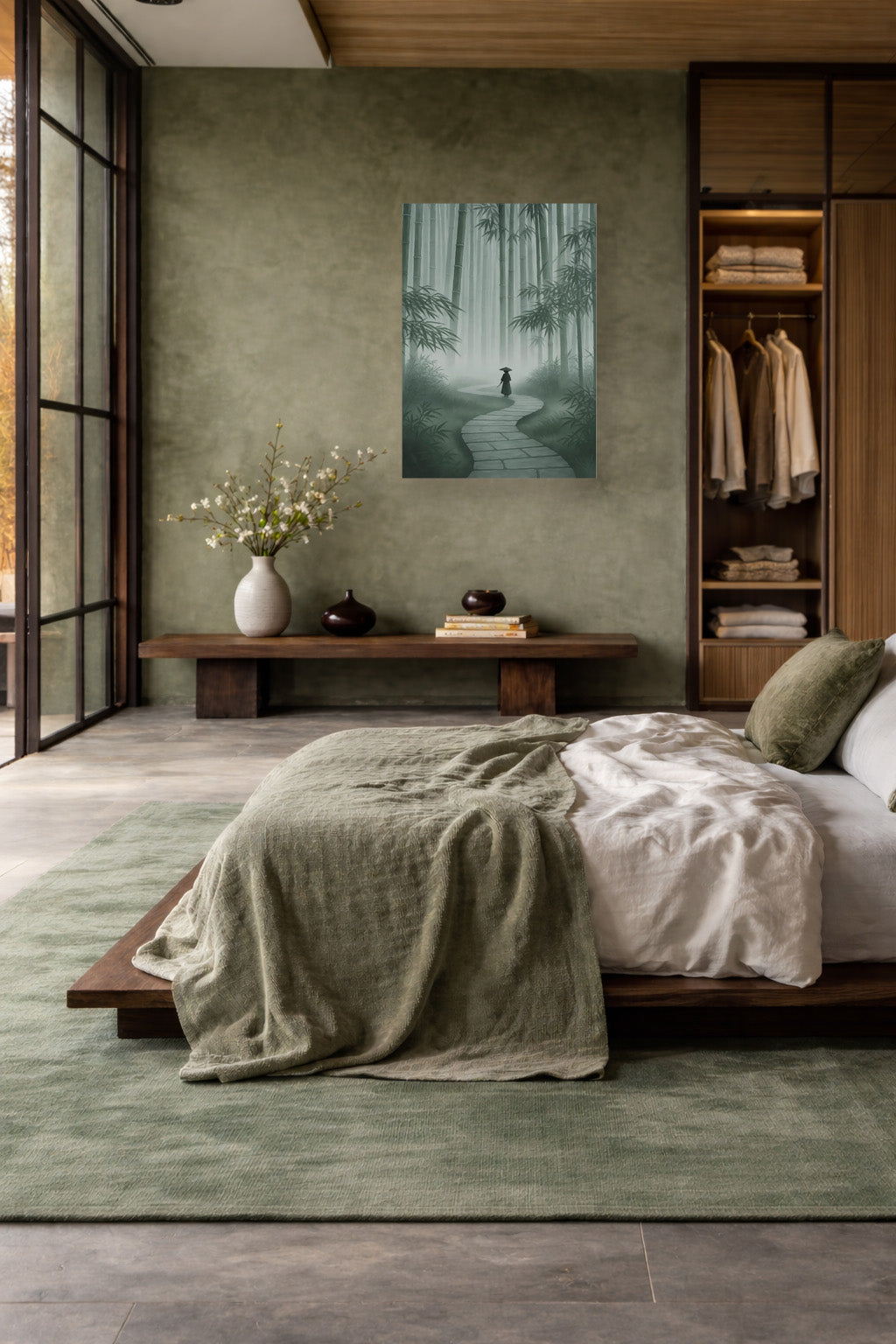Path of Silence bamboo forest poster above a bed in a Japandi bedroom with olive green bedding