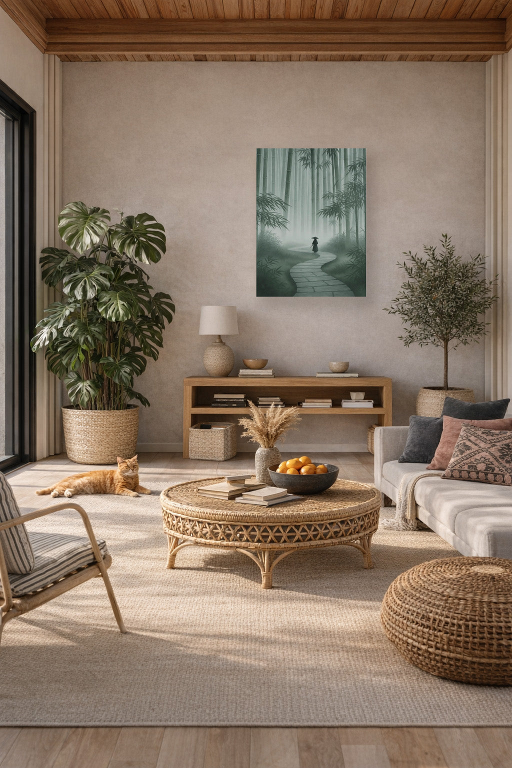 Path of Silence bamboo forest poster in a calm Japandi interior with natural wood decor