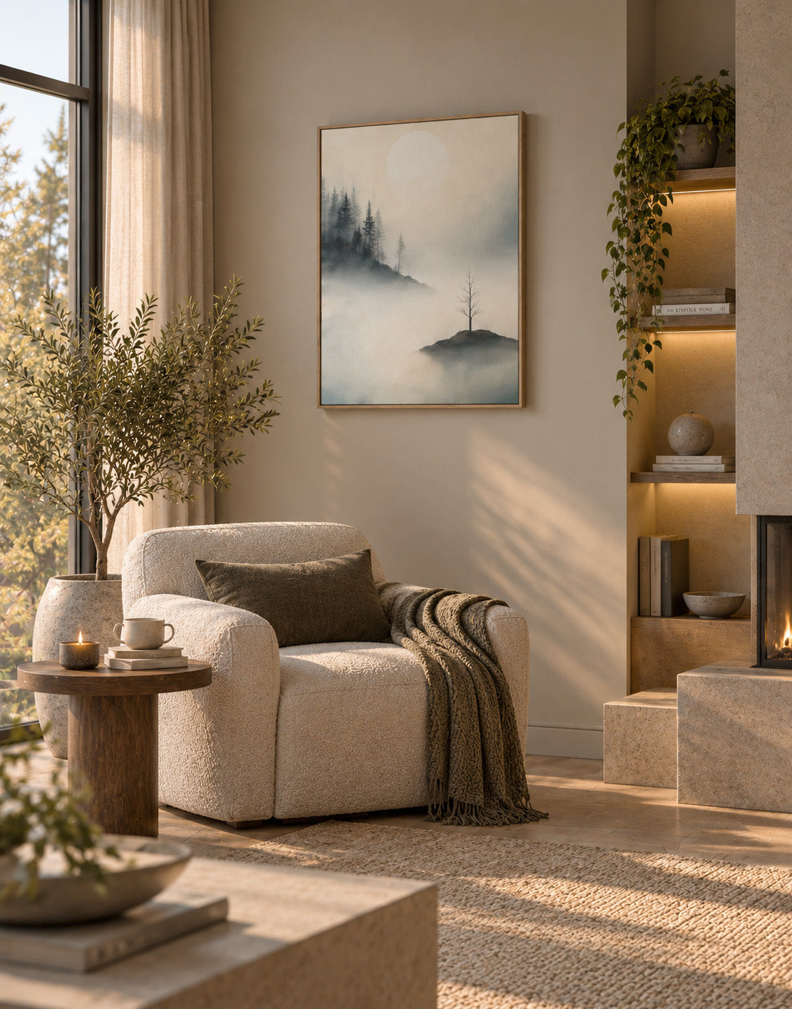 Peaceful forest artwork with soft fog and lone tree displayed in a modern living room