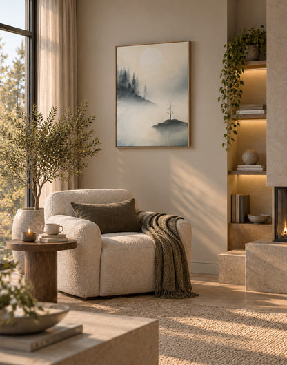 Peaceful forest artwork with soft fog and lone tree displayed in a modern living room