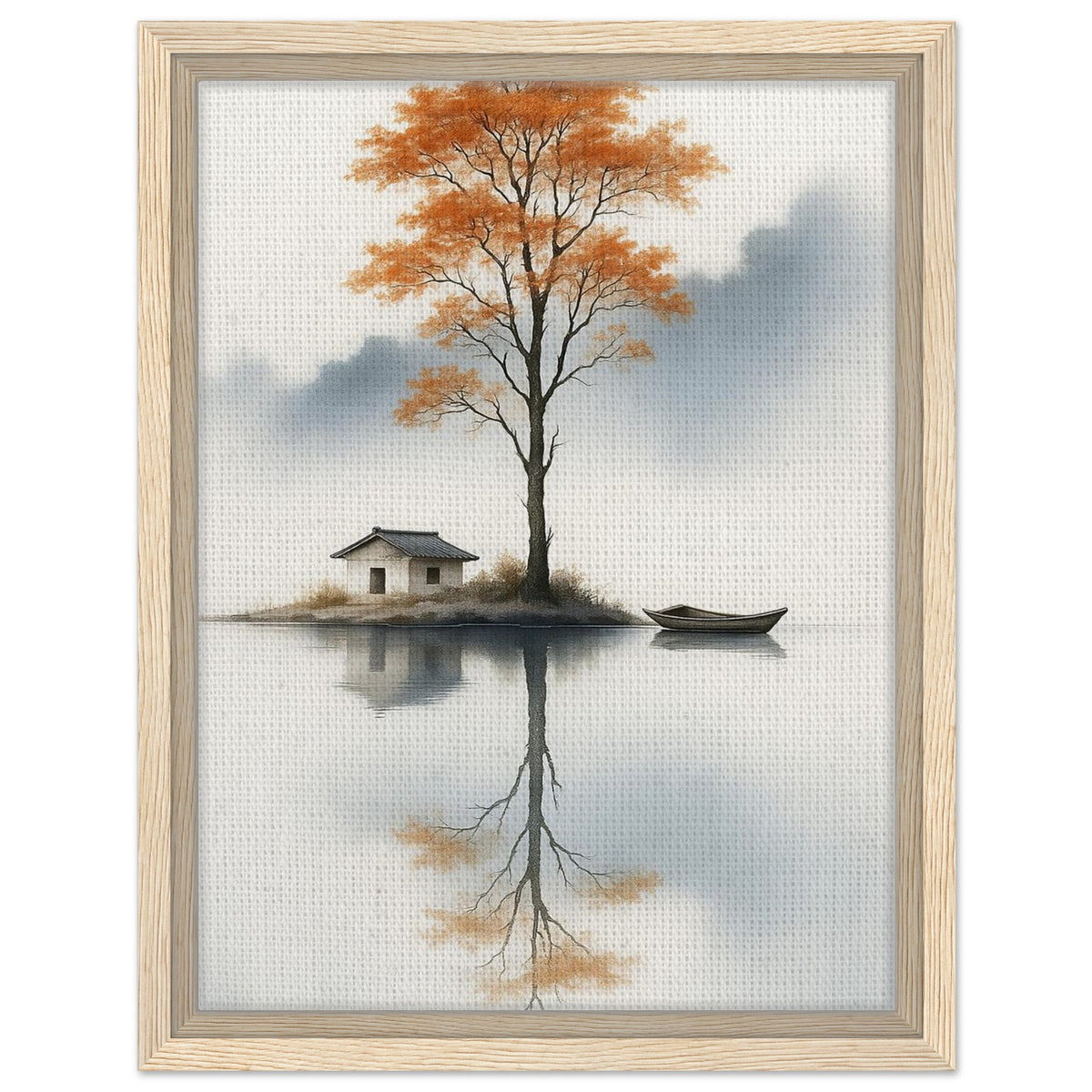 Peaceful lake landscape with orange tree small house and boat in natural wood frame