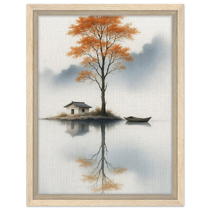Peaceful lake landscape with orange tree small house and boat in natural wood frame