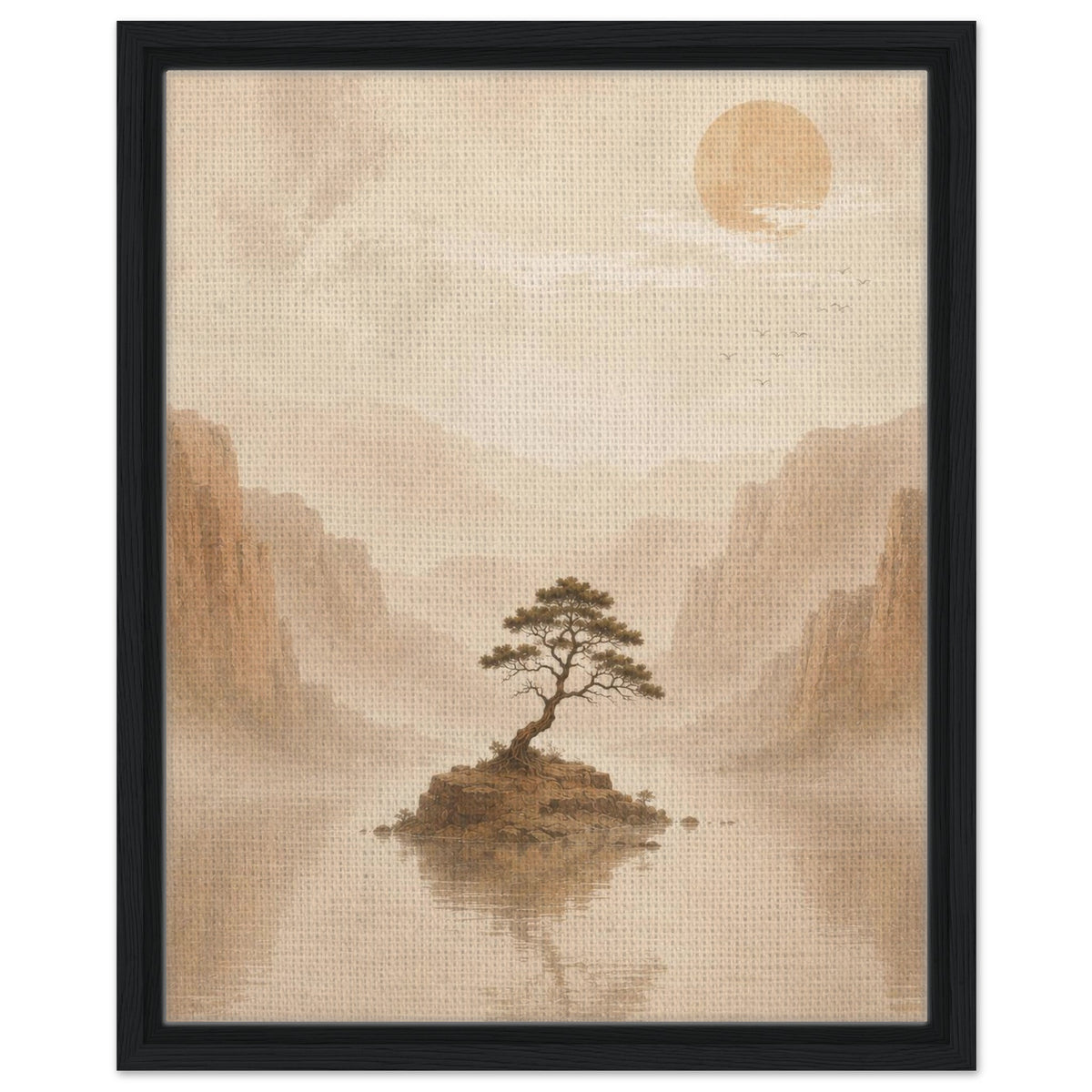 Peaceful mountain landscape with lone tree reflected in still water in dark wood frame