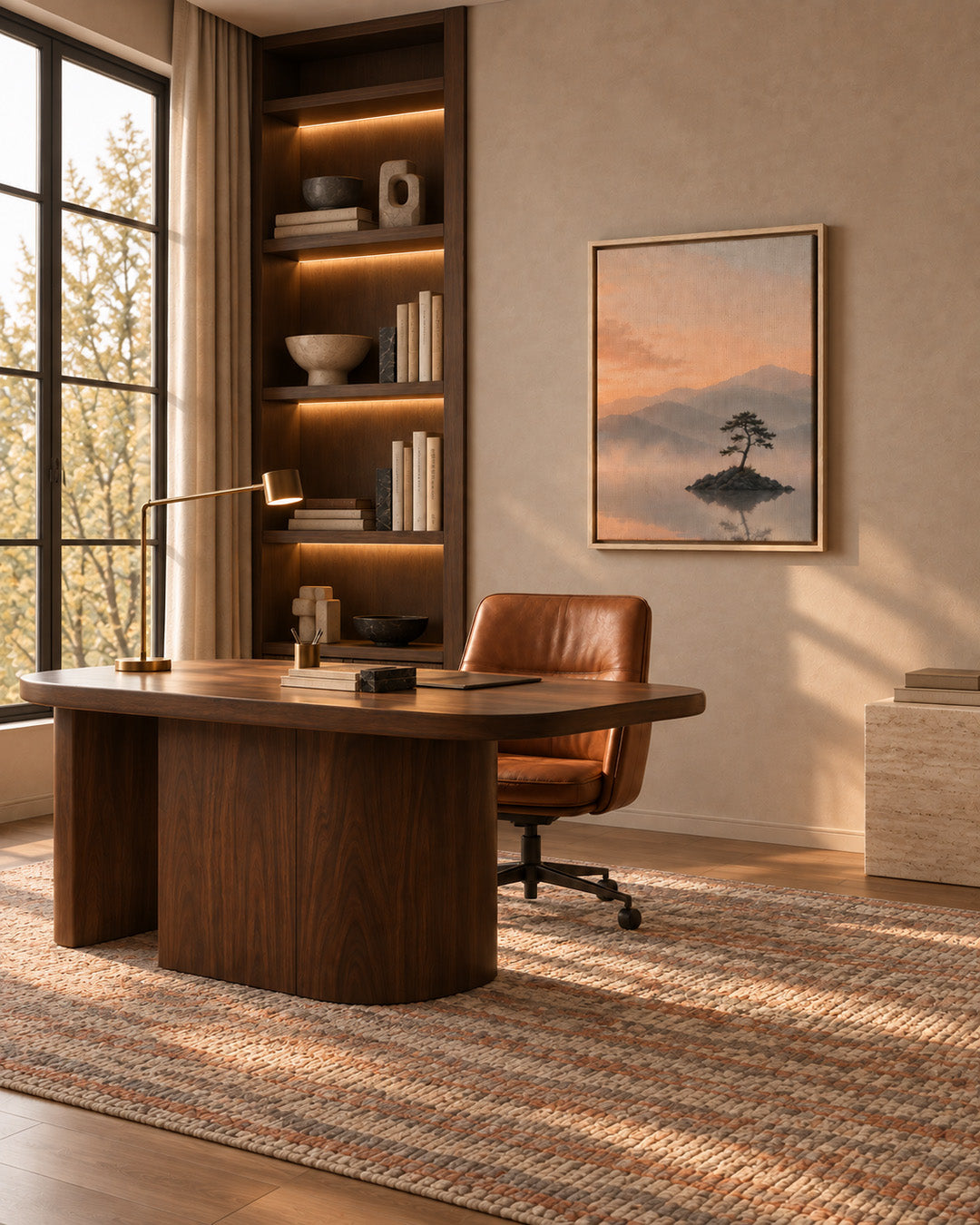 Peaceful pine tree landscape artwork styled in a warm modern home office