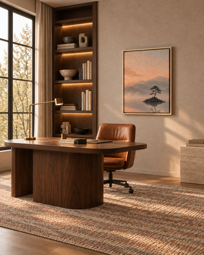 Peaceful pine tree landscape artwork styled in a warm modern home office