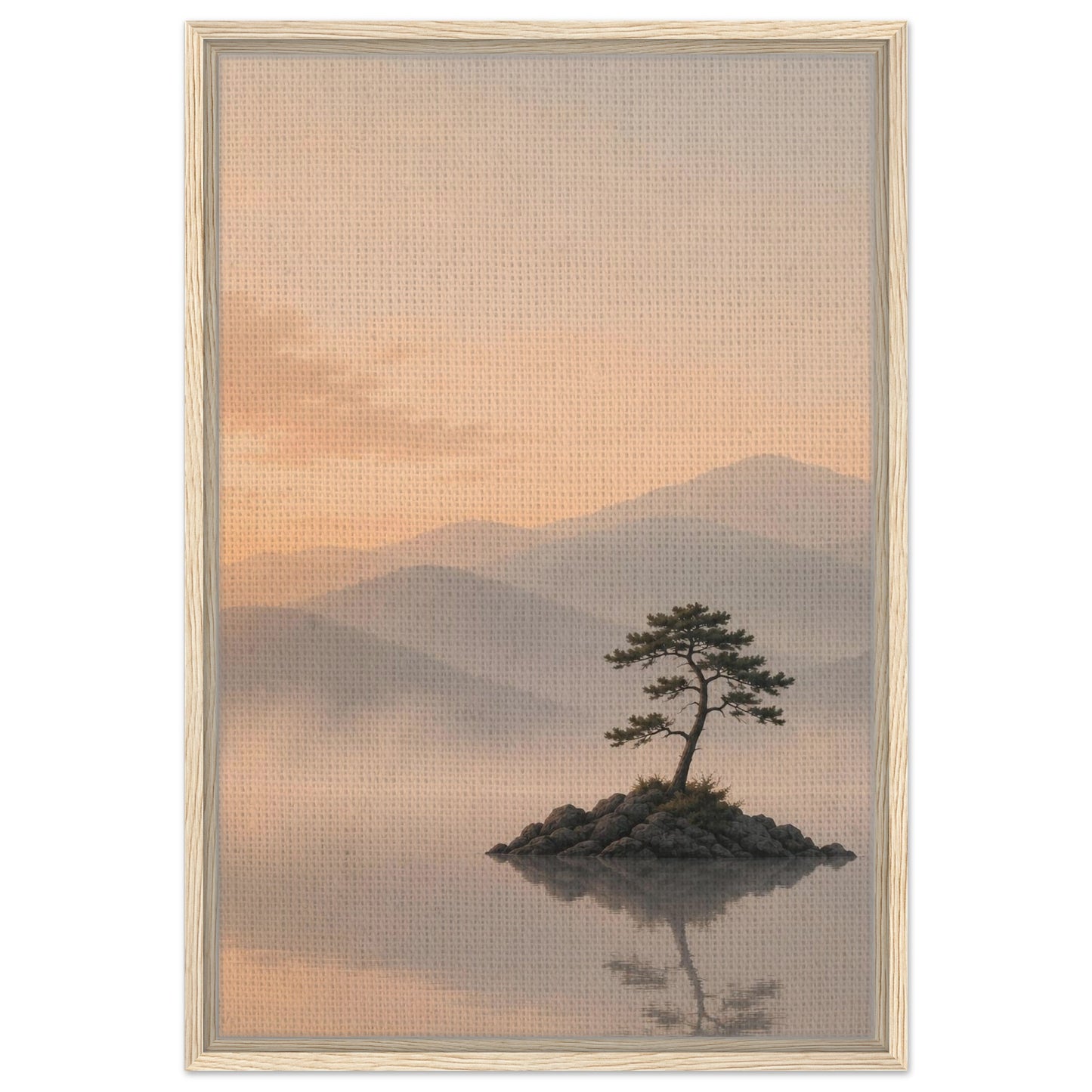 Peach toned mountain landscape with solitary pine tree and calm water in dark wood frame