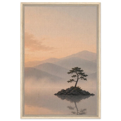 Peach toned mountain landscape with solitary pine tree and calm water in dark wood frame