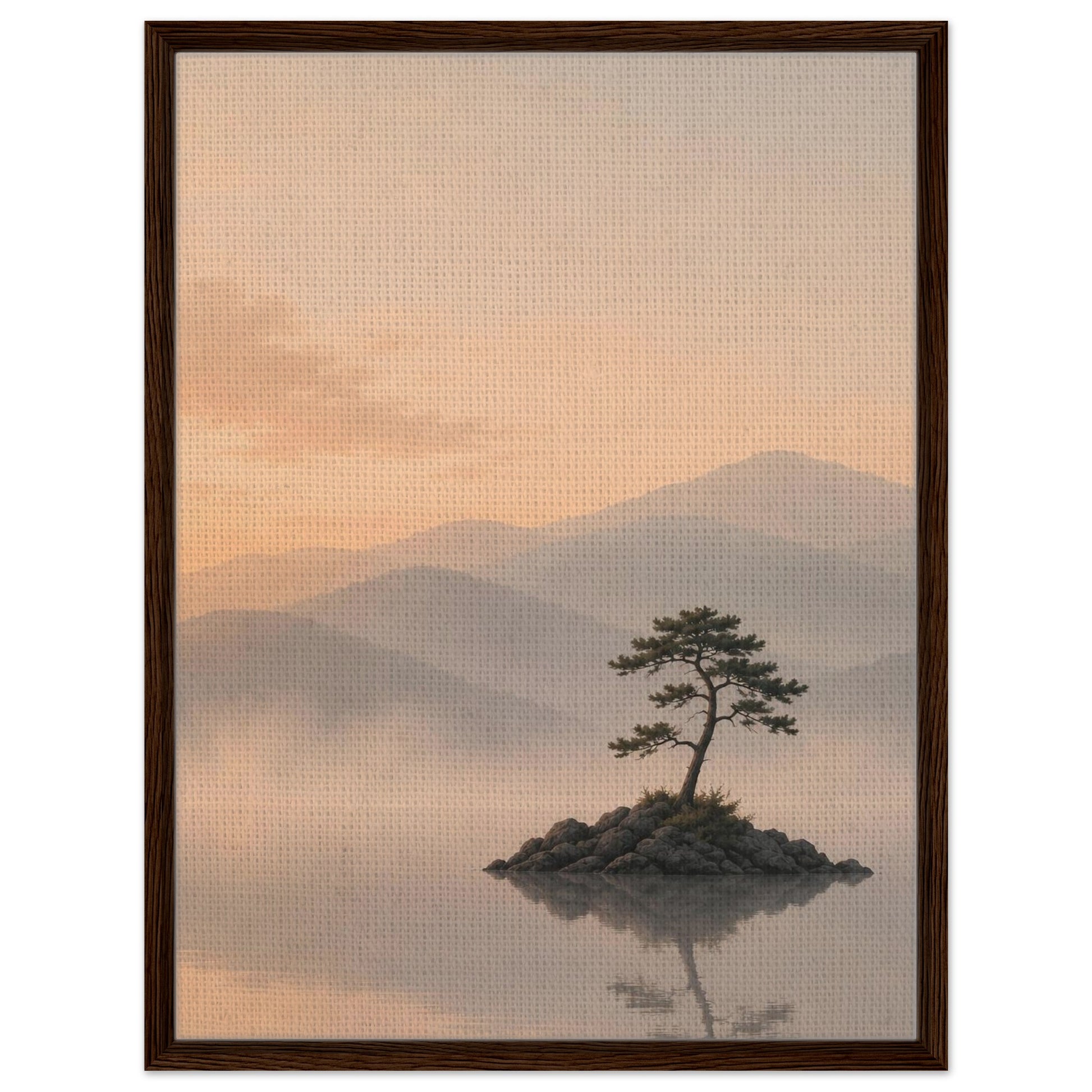 Lone pine tree landscape with peach sky and misty mountains in dark wood frame