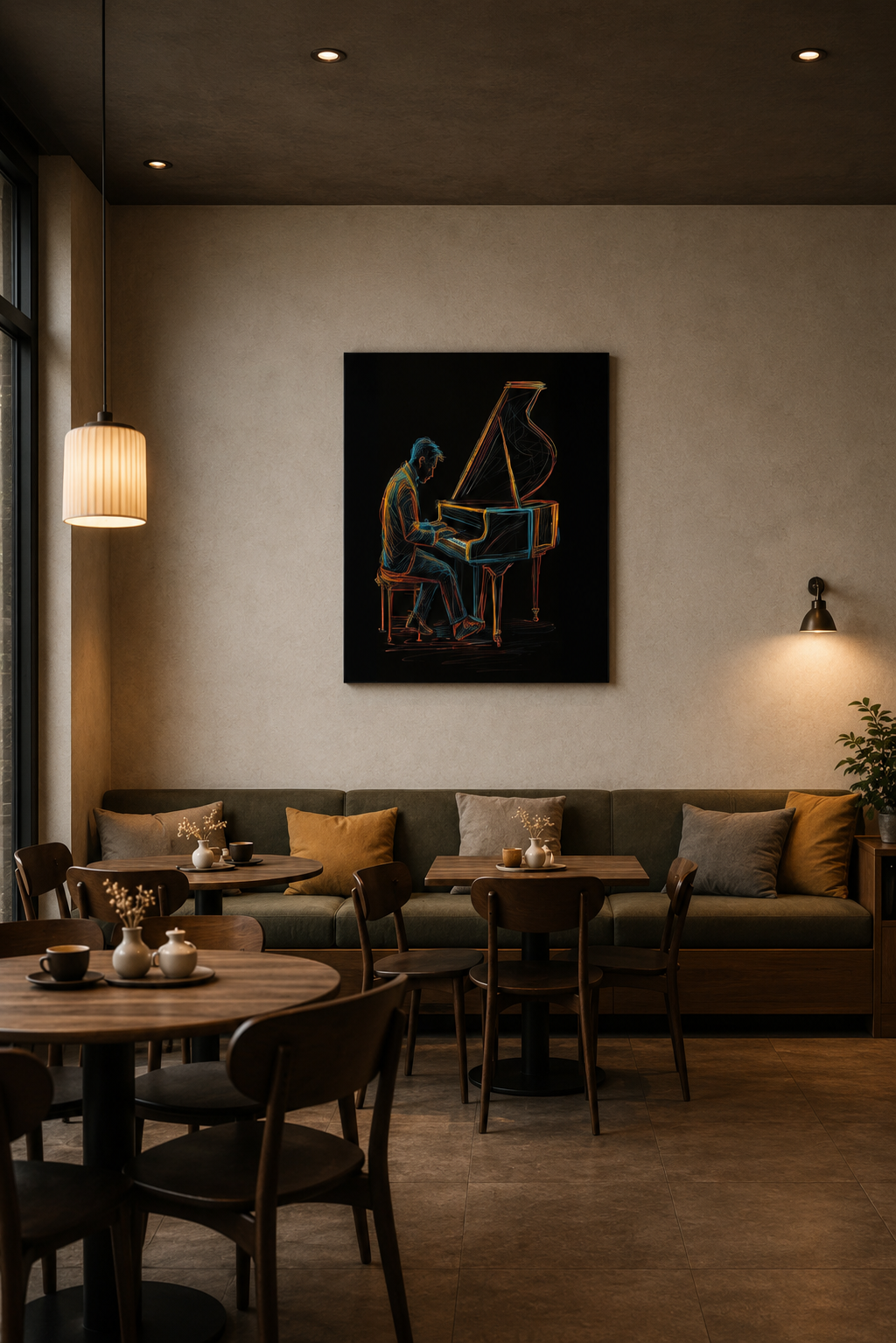 Cozy café interior featuring colorful piano wall art above built-in seating and wooden tables.