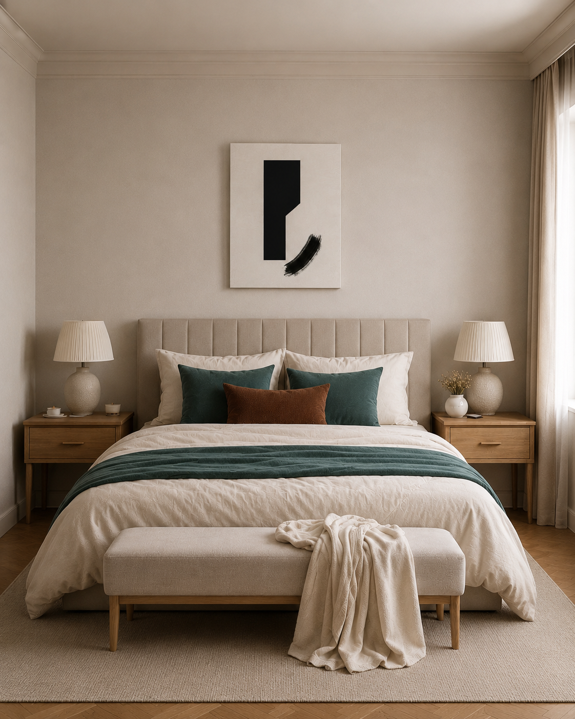 The canvas above a bed in a neutral bedroom with bedside lamps