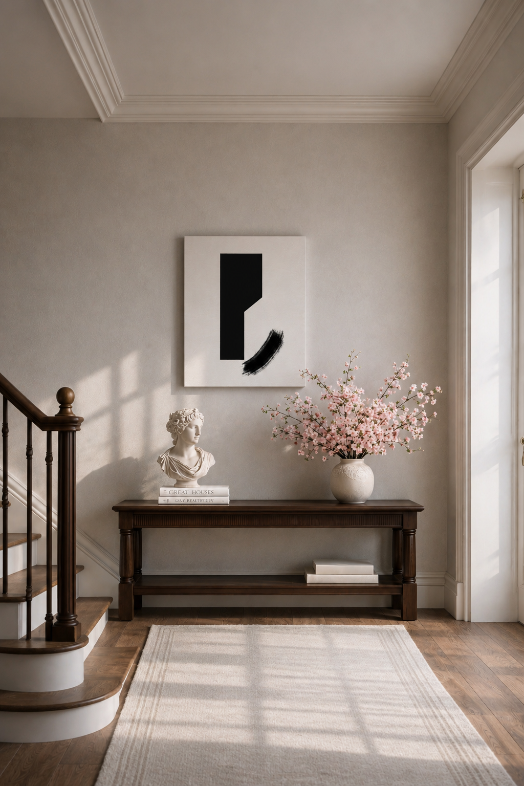 The canvas in a bright entryway beside a staircase and a wooden console