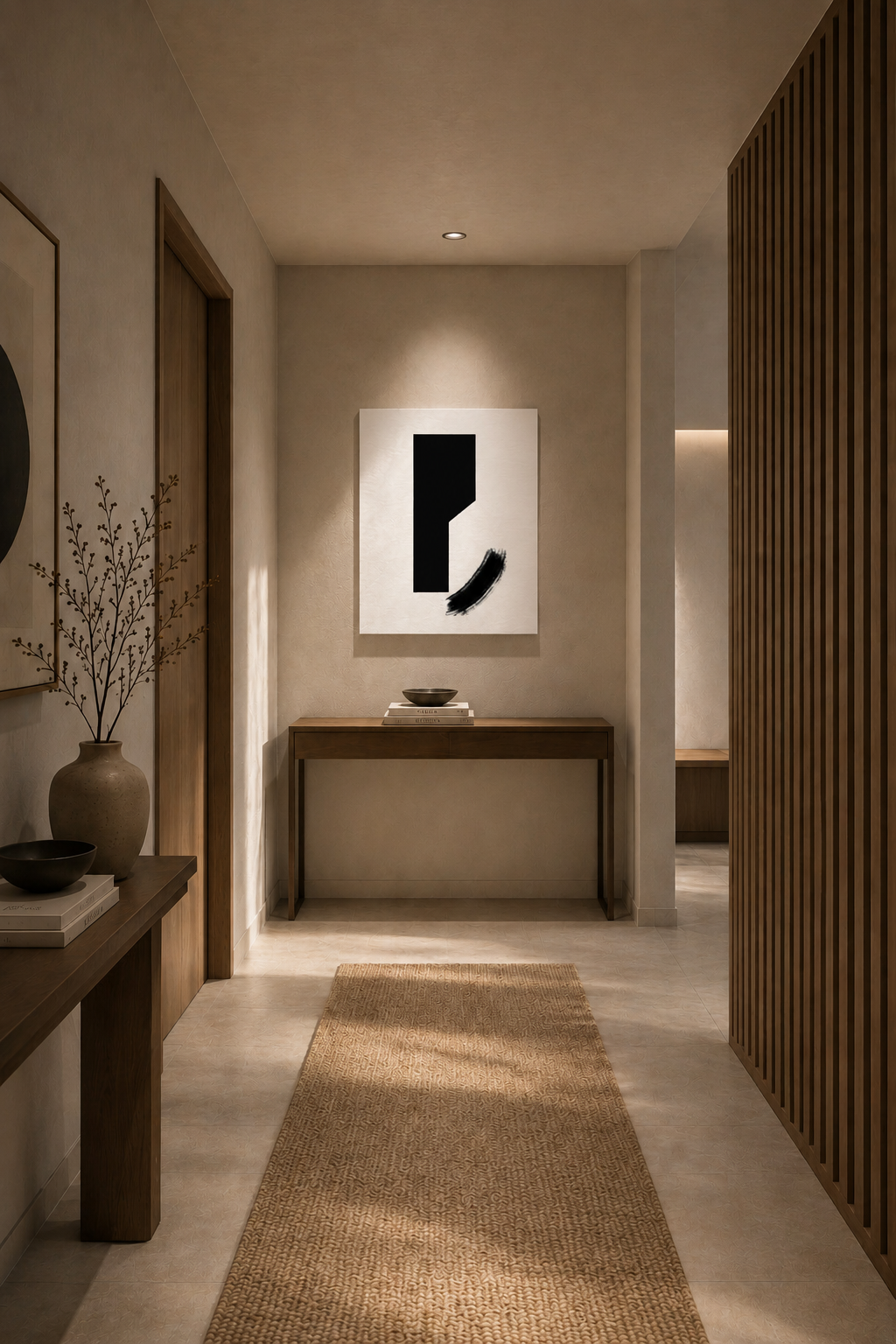 The canvas in a dark hallway with a console table and warm lighting