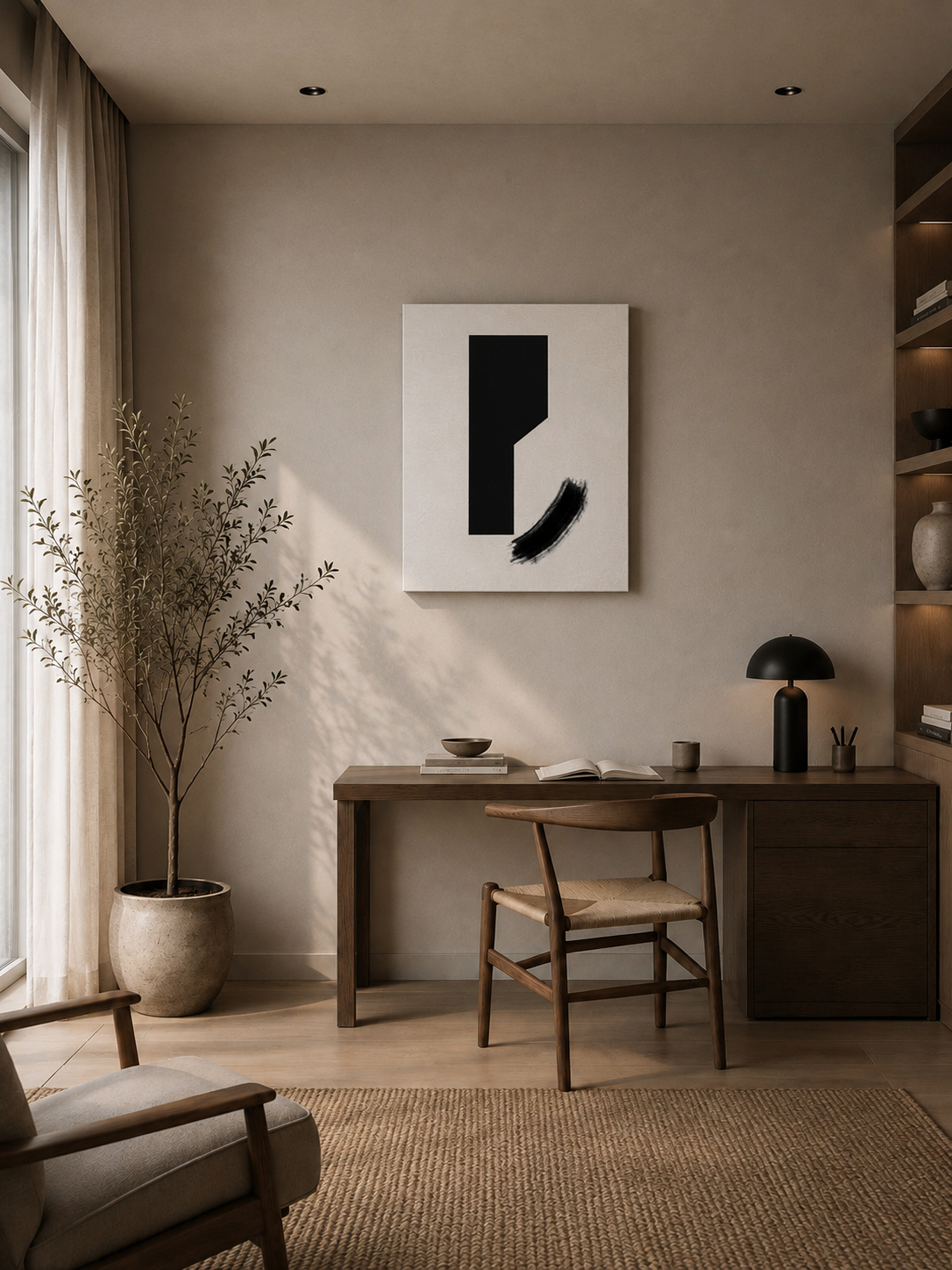 The canvas above a wooden desk in a calm home office with potted plants